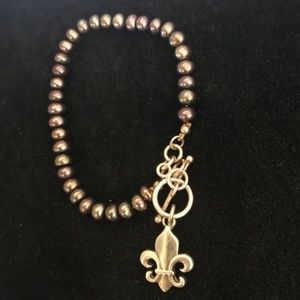 Cultured Black Pearl w/Fleur De Lis Bracelet
